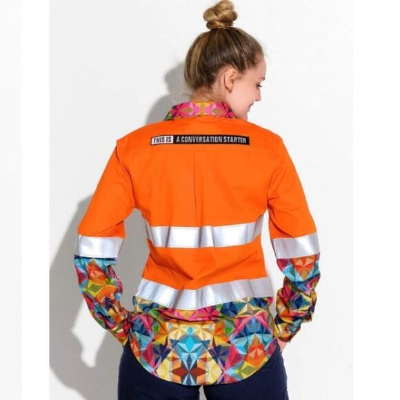 Workwear Hi Visibility Railroad Saftey Shirt Button Down Neon Orange Reflective - Picture 14 of 15